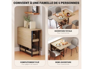 Table à manger pliante sur roulettes 4 personnes avec compartiments ouverts, pour petits espaces, chêne, salle à manger