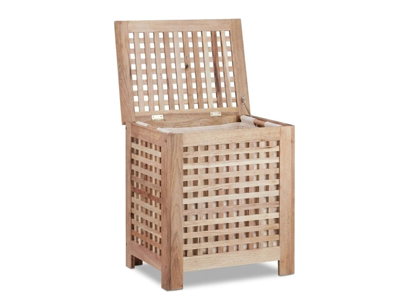  Coffre à linge en forme de grillage 55,5 x 52,5 x 39,5 cm avec sac amovible et motif décoratif en noyer brun clair 13_0018049  - Conforama A
