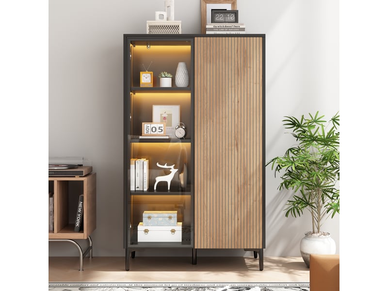 Vitrine haute 90x40x135 cm avec 2 portes dont 1 vitrée, 8 compartiments, led rgb bluetooth, mdf noir et bois, meuble de rangement salon  - Conforama D