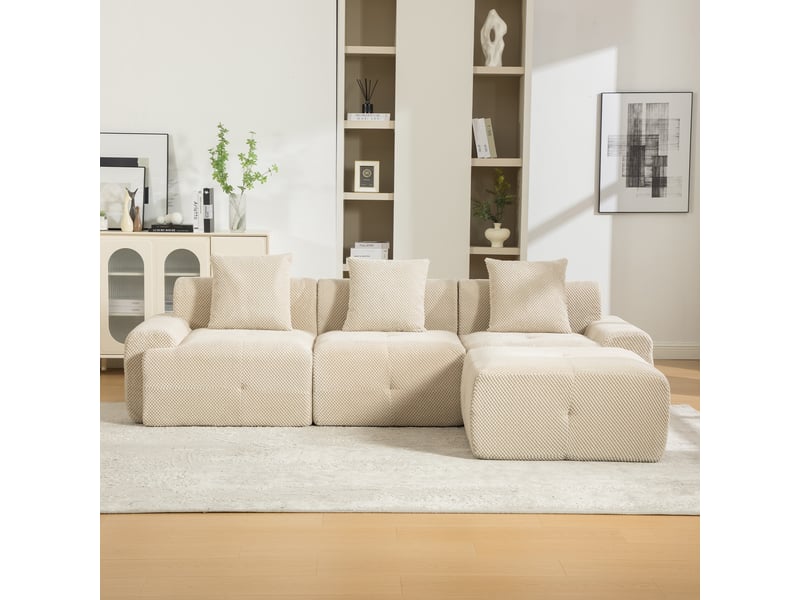 Canapé d'angle modulable 3 places en chenille kaki clair, 266 x 176 x 75 cm, sans montage, livré compressé, coussins inclus, pour le salon, mousse 30d CARDUME ESTIVAL - Conforama B