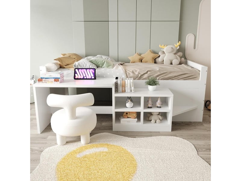  Lit enfant 90x200 cm bois massif, rangements intégrés, bureau avec prises usb et secteur, design pratique, blanc  - Conforama B