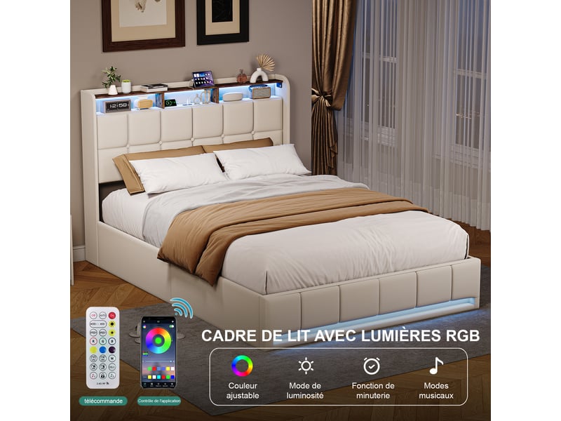  Lit adulte coffre 140x190 cm avec rangement intégré et tête de lit à ailes, lit 2 places avec niche de rangement, tissu lin beige, sans matelas  - Conforama D