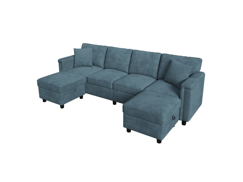  Canapé modulable corda, bleu, lu convertible, 261x134x82 cm, 2 poufs avec rangement, 2 coussins, tissu chenille  - Conforama D