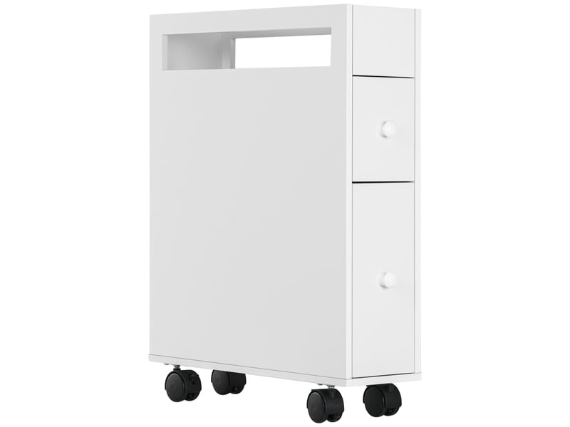  Meuble de salle de bain gain de place avec 4 roulettes, 2 tiroirs et un compartiment ouvert, 16 x 49,5 x 66 cm, blanc  - Conforama A