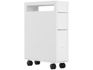 Meuble de salle de bain gain de place avec 4 roulettes, 2 tiroirs et un compartiment ouvert, 16 x 49,5 x 66 cm, blanc