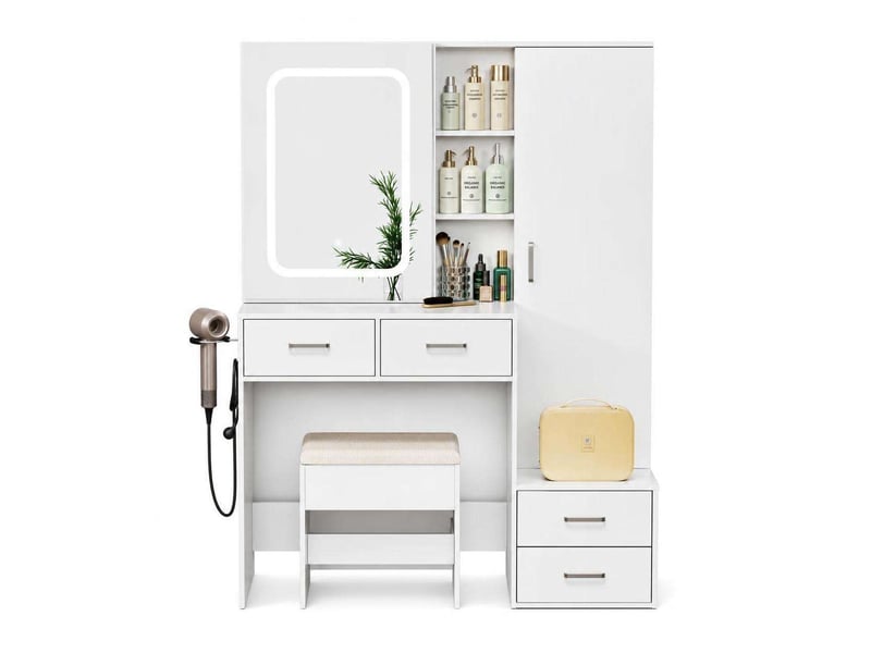  Coiffeuse blanche 100x40x142 cm avec miroir led coulissant et tabouret – table de maquillage avec armoire à bijoux, 4 tiroirs, étagères cachées et support sèche-cheveux – 3 modes d'éclairage réglables  - Conforama A
