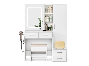 Coiffeuse blanche 100x40x142 cm avec miroir led coulissant et tabouret – table de maquillage avec armoire à bijoux, 4 tiroirs, étagères cachées et support sèche-cheveux – 3 modes d'éclairage réglables