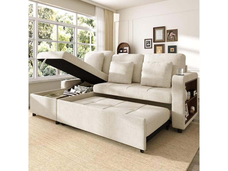 Canapé convertible 3 places avec rangement - méridienne, porte-gobelet, chenille beige clair - Conforama C