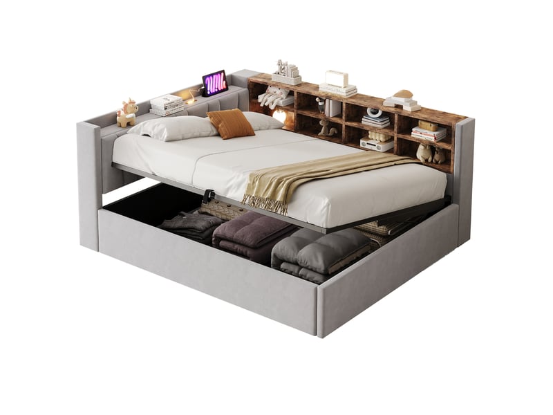  Lit coffre 2 places 140x200 cm avec rangement et ports usb gris clair  - Conforama A