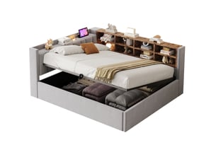 Lit coffre 2 places 140x200 cm avec rangement et ports usb gris clair