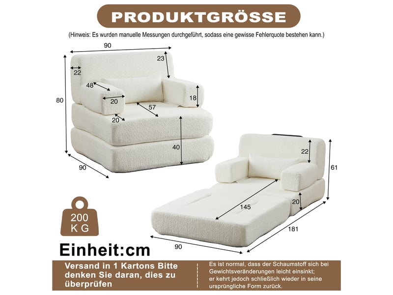  Canapé convertible 2-en-1 1 place 90 x 90 x 80 cm avec couchage pliant, dossier réglable et structure en fer, chenille, beige OMNIGLINT TRADING LTD - Conforama D