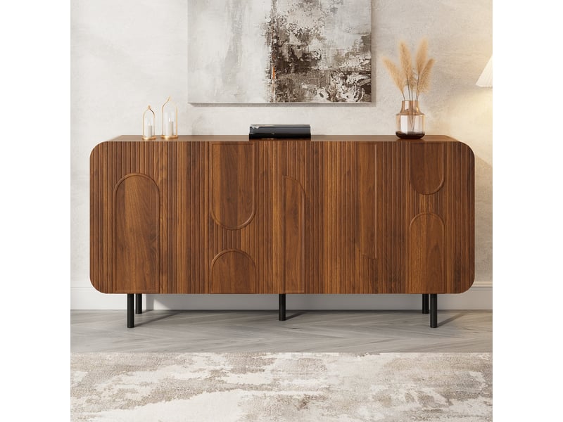  Buffet noyer 160 cm enfilade style mid-century 4 portes avec reliefs géométriques et pieds en métal  - Conforama W