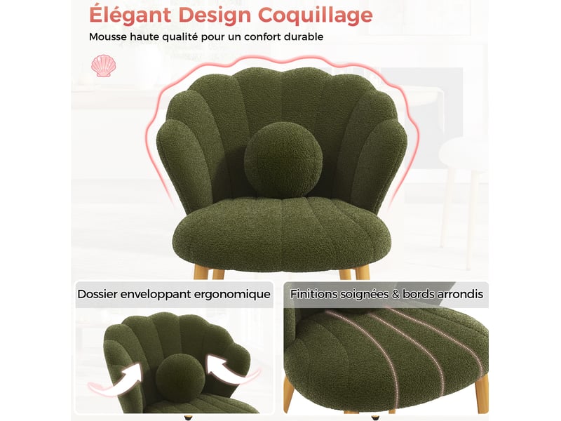  Lot de 2 chaises de salle à manger 60x62,5x83 cm, dossier coquillage, coussins ronds, tissu peluche, vert  - Conforama E