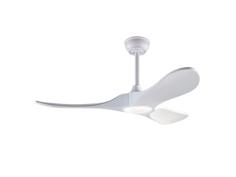Ventilateur de plafond 42 pouces avec éclairage et télécommande, trois pales blanches en bois massif, 3cct, dimmable, réversible, 6 vitesses et fonction mémoire - Conforama A
