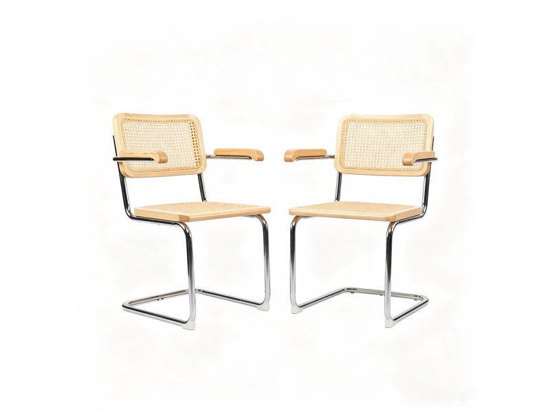 Lot de deux chaises de salle à manger, chaises en bois avec dossier en rotin et pieds chromés, style « brewer » du milieu du siècle, couleur naturelle - Conforama A