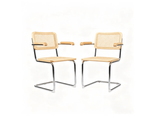 Lot de deux chaises de salle à manger, chaises en bois avec dossier en rotin et pieds chromés, style « brewer » du milieu du siècle, couleur naturelle