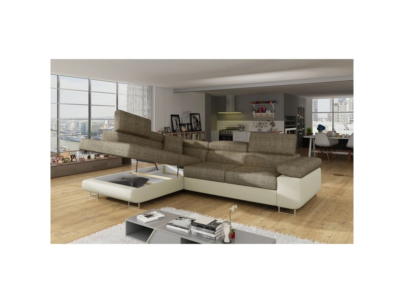 Canapé d'angle convertible menton beige et marron bouclé – angle gauche avec coffre - Conforama E