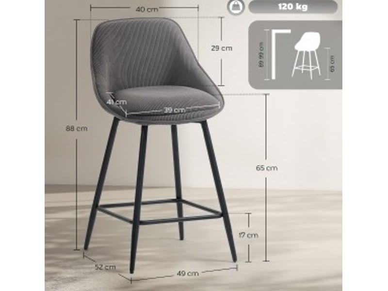  Lot de 2 tabourets de bar 52x49x88 cm pivotants tissu côtelé métal gris  - Conforama C