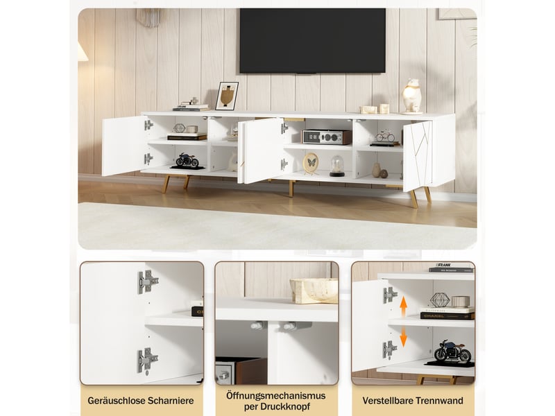  Meuble tv 190 x 40 x 51,5 cm – 4 portes et 5 pieds métal – jusqu’à 85 pouces – blanc et doré  - Conforama B