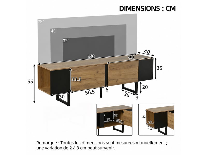  Meuble tv 180 cm décor bois et noir avec 2 portes, niches latérales et charnières soft-close, pour tv 75 pouces  - Conforama C