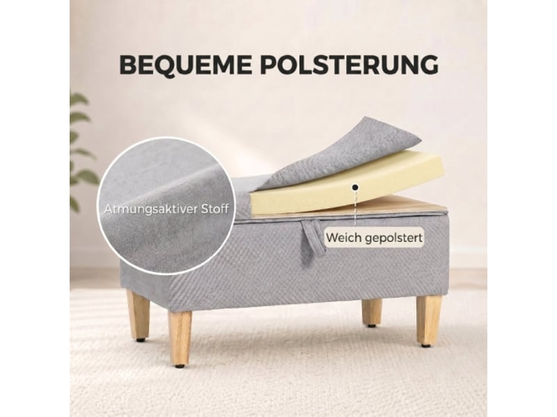  Banc coffre gris clair rembourré aspect lin, pieds en bois d’hévéa, rangement pratique  - Conforama D