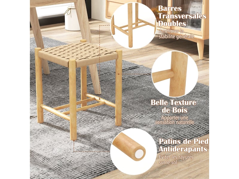 Lot de 2 tabourets de bar 36 x 36 x 45 cm assise tissée élégante style rustique idéal salle à manger en bois de caoutchouc naturel 20_0019435  - Conforama B
