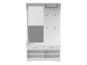 Vestiaire d'entrée - 104x35x180cm - avec grand miroir, 4 patères, tringle, banc coussinné et meuble à chaussures - blanc