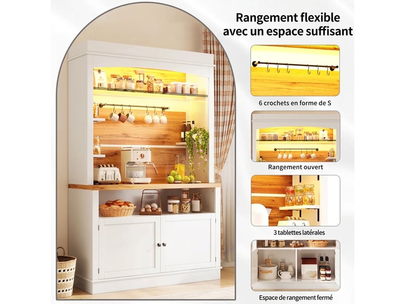  Lot de 2 buffets de cuisine hauts blancs 184 cm avec led et étagères en verre  - Conforama D