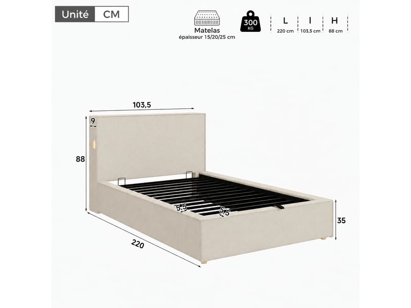  Lit coffre 90 x 200 cm beige rembourré avec rangement hydraulique et sommier à lattes, sans matelas  - Conforama C