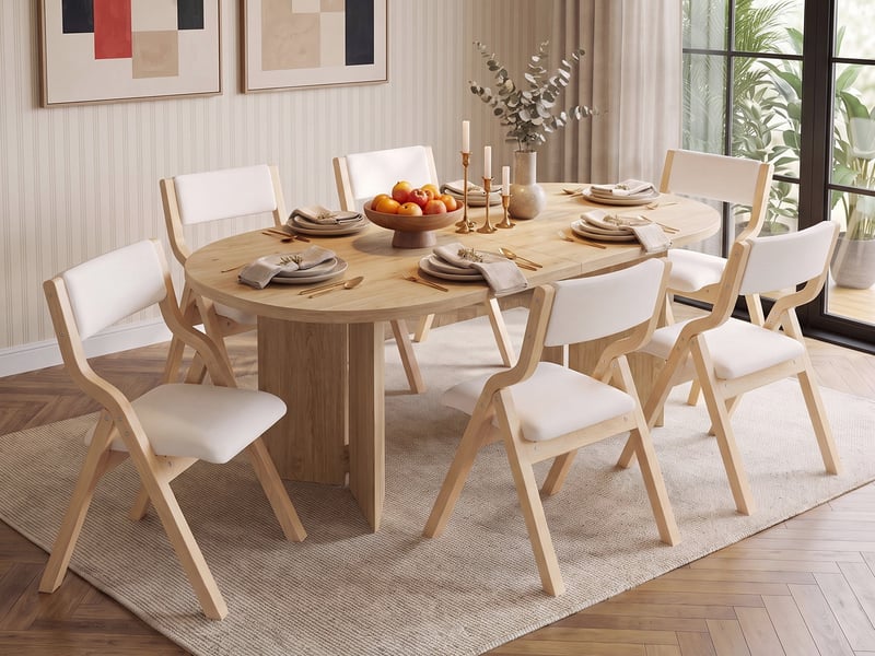 Ensemble table et chaises gain de place, table extensible 160/200x90cm chêne + 6 chaises pliantes bois massif lin beige - Conforama B