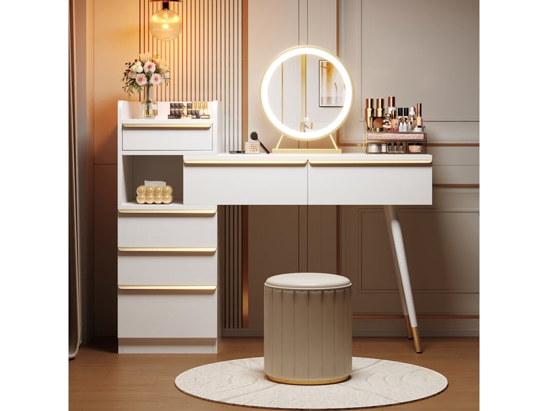  Coiffeuse moderne 102x99x41,5 cm avec miroir led dimmable, 6 tiroirs et poignées dorées, panneau de particules, blanc  - Conforama W