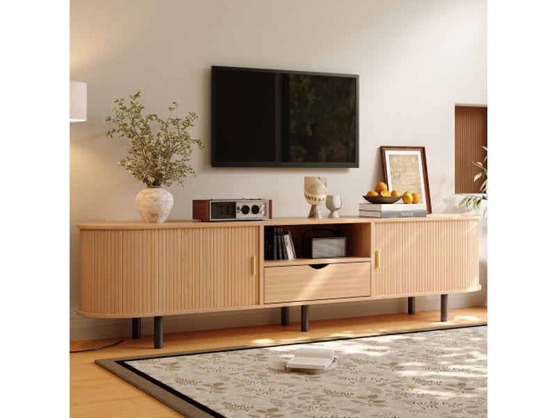  Meuble tv 175x40x55 cm - meuble bas arrondi avec porte à rideau, tiroir et niches ouvertes, charge 50 kg, mdf - bois naturel  - Conforama D