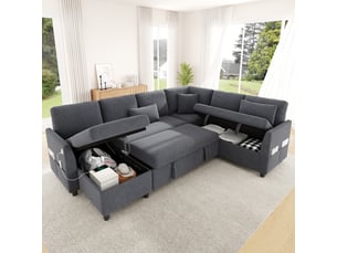 Canapé-lit convertible modulable d'angle en lu 6 places ,255x196x85cm,méridienne réversible,rangement,usb et type-c,tissu lin,gris