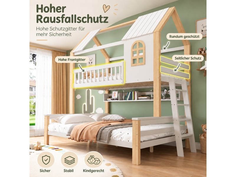 Lit superposé cabane enfant 90x190 140x200 cm avec escalier de rangement, garde-corps et sommier à lattes, 2 couchages en bois, blanc et naturel Seren Glow - Conforama C