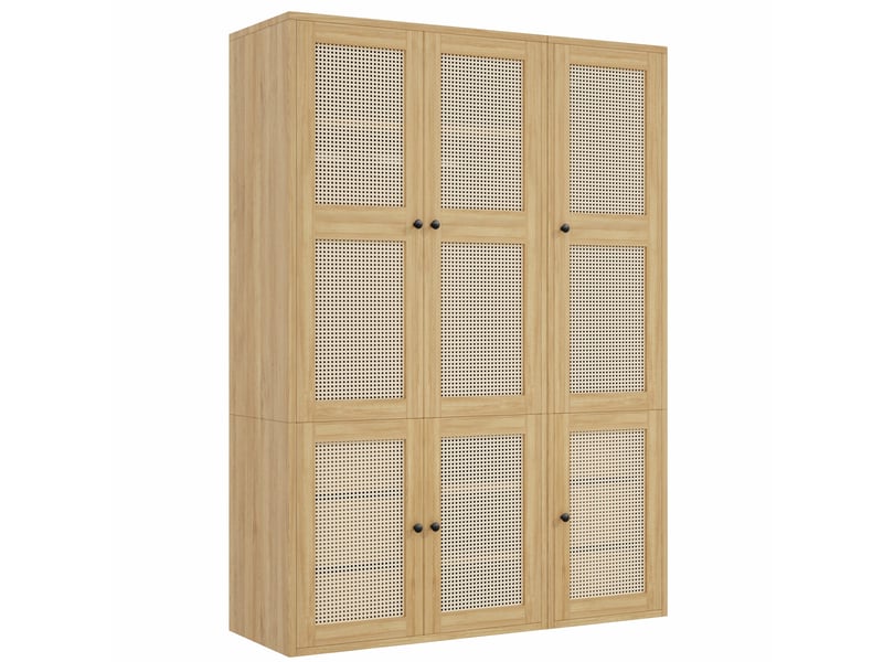  Armoire 6 portes décor rotin, 6 tiroirs 135x47x200 cm, mdf chêne clair  - Conforama E