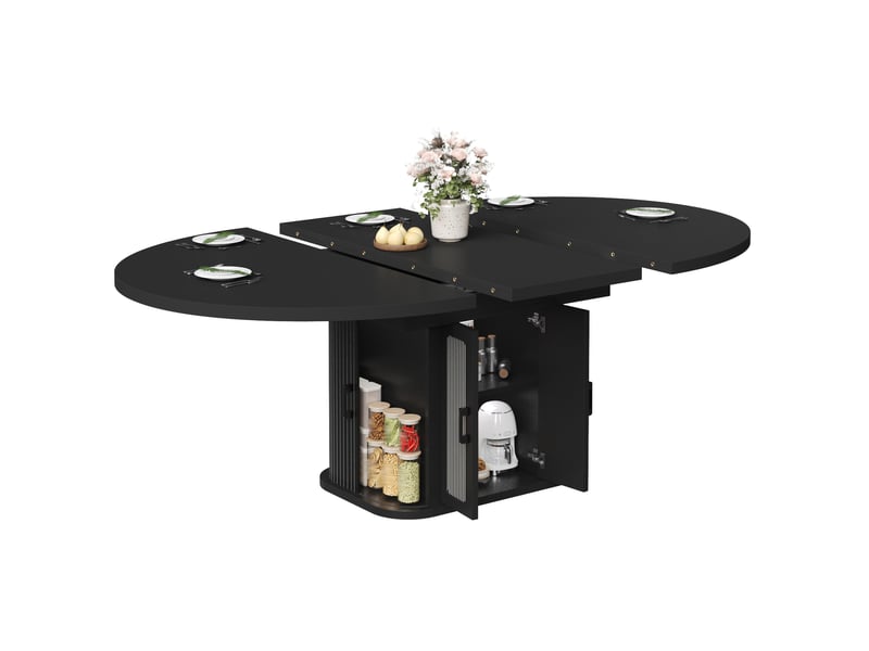 Table à manger extensible 118-158x118x76cm pour 2 à 6 personnes, rangements cachés avec séparateurs réglables et portes à rideau latérales, noir evarich - Conforama A