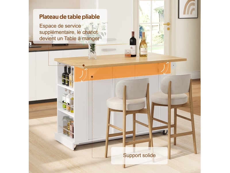  Îlot de cuisine mobile 120x70x90 cm avec plateau rabattable blanc  - Conforama D