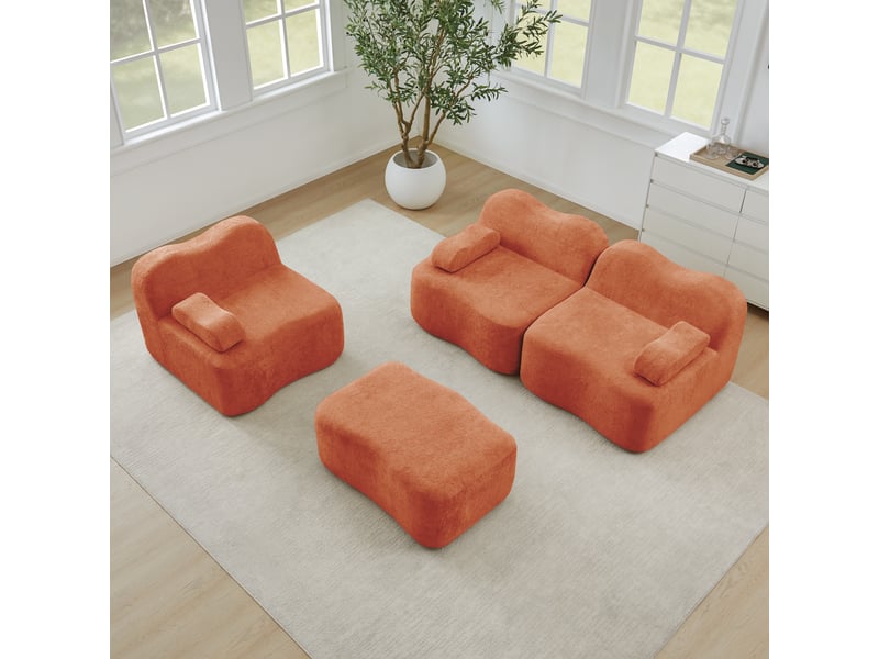  Canapé modulable 3 places en velours orange avec pouf, mousse haute densité 32d, assise profonde et configuration d’angle  - Conforama C