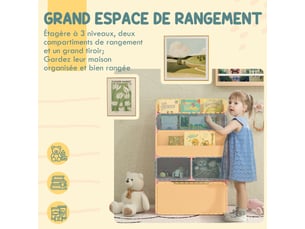 Bibliothèque étagère multi-rangement 3 étagères 2 niches tiroir grand en bois rose