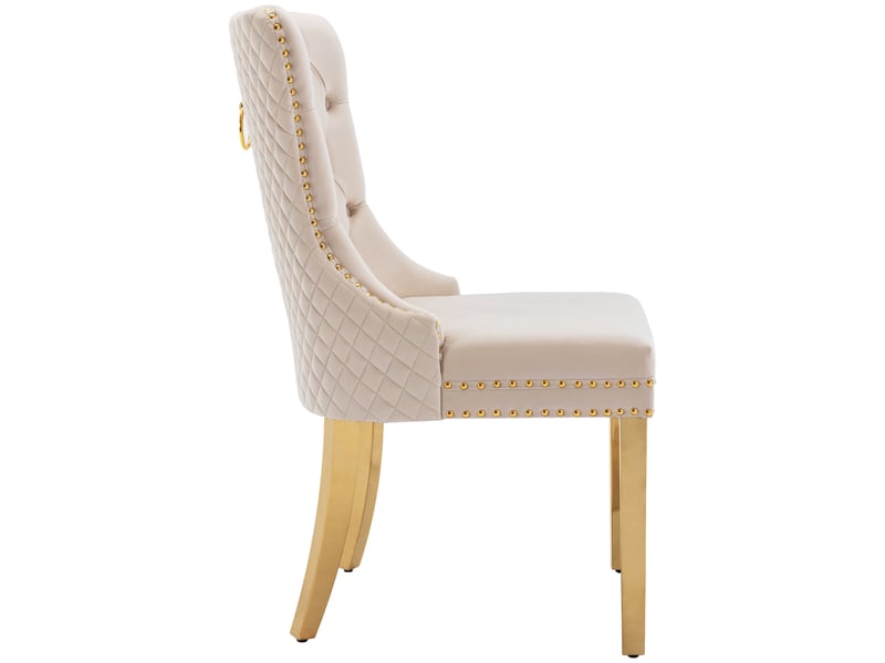  Lot de 6 chaises de salle à manger en velours beige, pieds inox doré et dossier avec anneau décoratif  - Conforama E