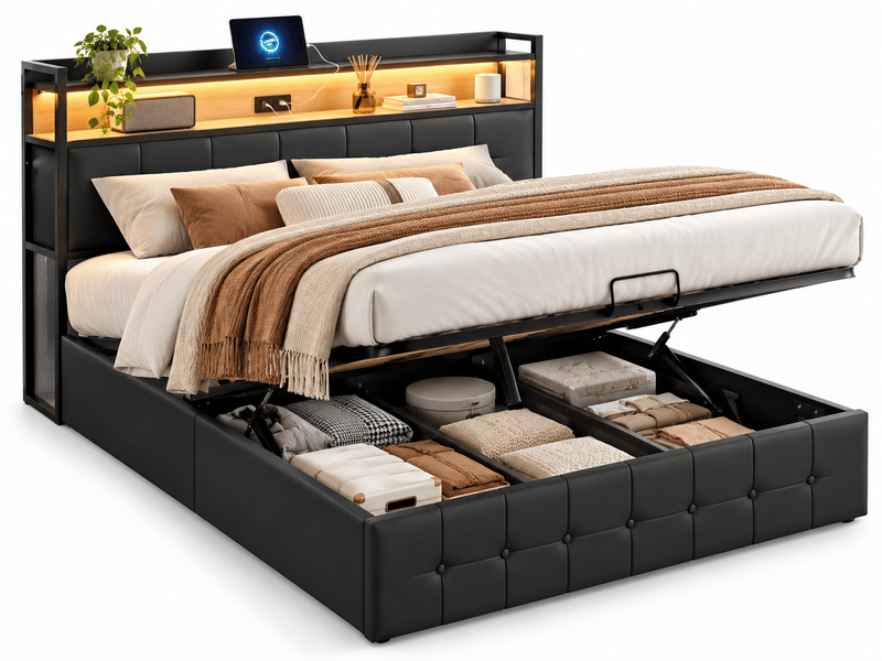  Lit coffre double 160x200cm avec  led et prise usb tpye c - rangement de chevet et tête de lit rembourré- hydraulique - lit adulte 2 personnes - pu - noir - lit capitonné, lit 2 places, cadre de lit, lit ado, sommier à lattes, c…  - Conforama A