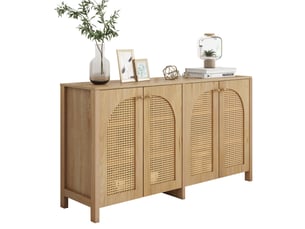 Buffet 4 portes avec façades effet rotin, poignées métal, étagères réglables et structure mdf, décor bois naturel