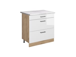 Vicco meuble cuisine, blanc haute brillancechêne doré, 80cm avec 3 tiroirs plan de travail marbre