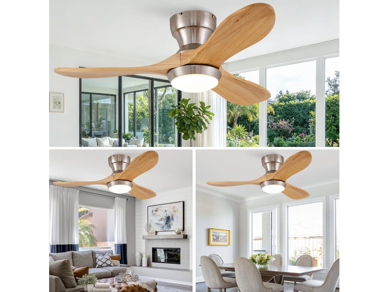  Ventilateur de plafond 90x90x24,5 cm avec éclairage, télécommande, bois naturel  - Conforama C