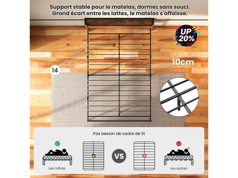 Lit 140x200 cm, lit double avec cadre de lit métallique robuste, éclairage led, prises, usb et type-c, tête de lit avec rangement, design minimaliste, stable, silencieux et antidérapant, noir  - Conforama D