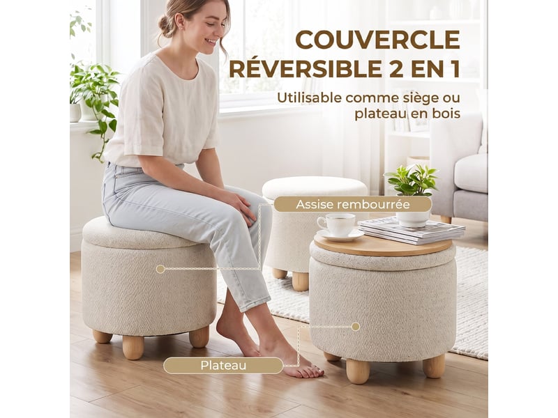  Pouf coffre de rangement rond en toile de jute, repose-pieds avec couvercle, beige, pieds bois hévéa  - Conforama A