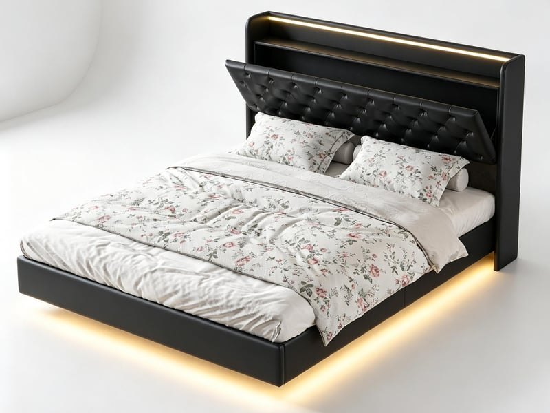  Lit 2 places 140x200 cm en cuir pu noir avec led, usb et rangement hydraulique – sommier suspendu  - Conforama A