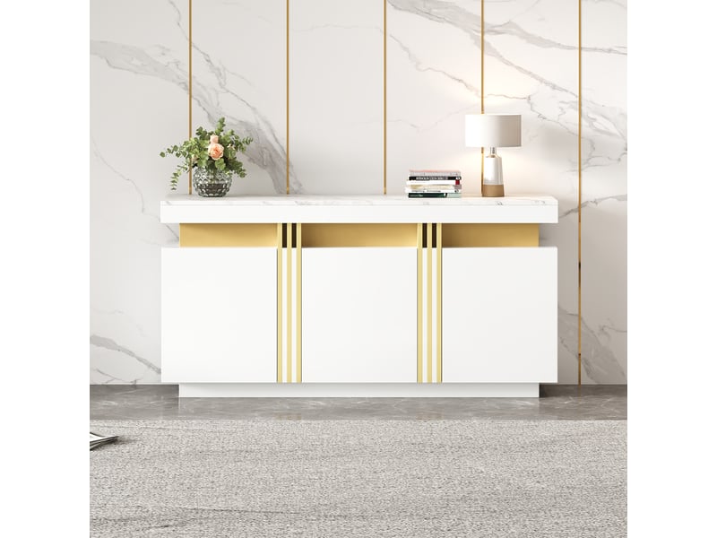 Buffet blanc moderne meuble de rangement 3 portes plateau effet marbre 140cm - Conforama R