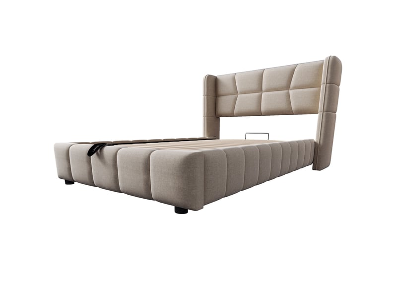  Lit coffre enfant 1 place 90×200 cm en tissu beige avec rangement relevable et tête de lit rembourrée  - Conforama E