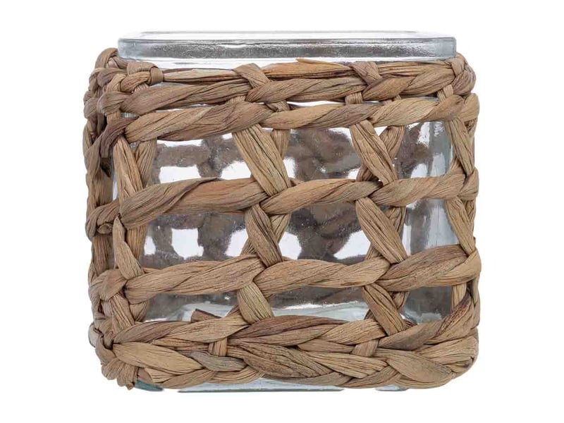  Bougeoir en verre recouvert de fibres naturelles marron, 11,5x11,5x12h cm  - Conforama B